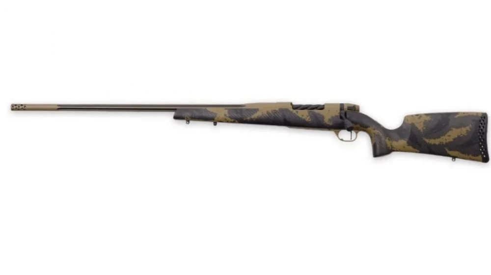 Weatherby Mark V Apex 7mm PRC Left Hand 2-tone Coyote Tan Cerakote and Graphite Black - 3+1 Rounds | 26" Barrel | Brown Stock | Carbon Fiber