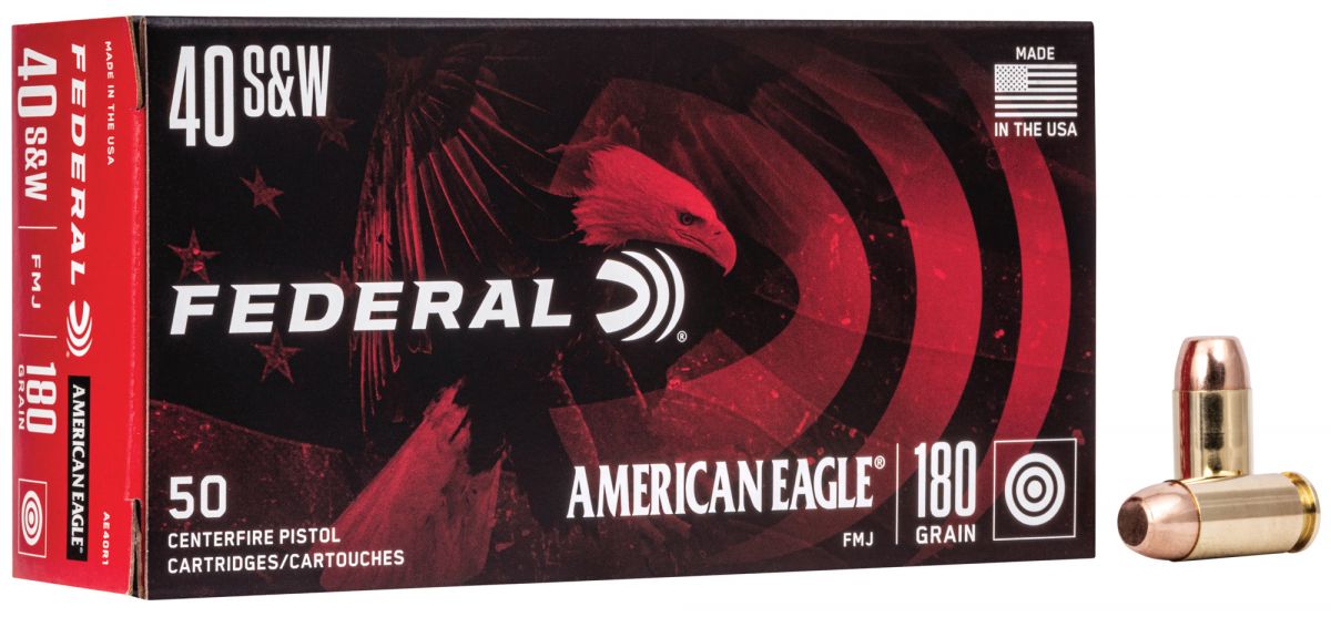Federal American Eagle Full Metal Jacket 40 S&W Ammo 180 gr 50 Round Box - Brass Casing