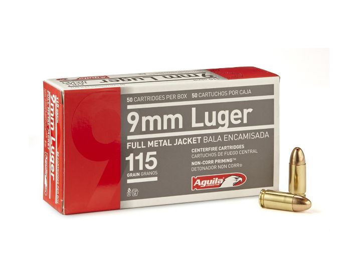 Aguila9MM Ammo 115gr FMJ 50rd box - Brass Casing