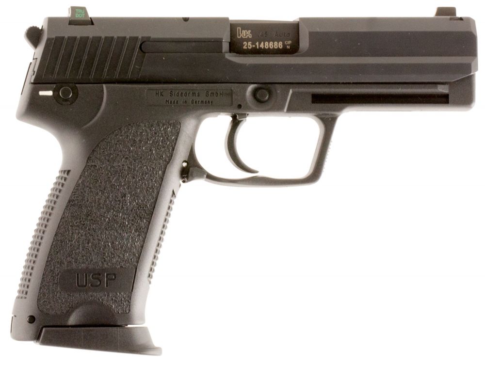 Heckler & Koch H&K USP V1 .45 ACP 4.41" 10+1 (3) Black Blued Steel Slide Black Polymer Grip Night Sights - 10 Rounds | 4.41" Barrel | Polymer Grips | Blue/Black | Night Sights