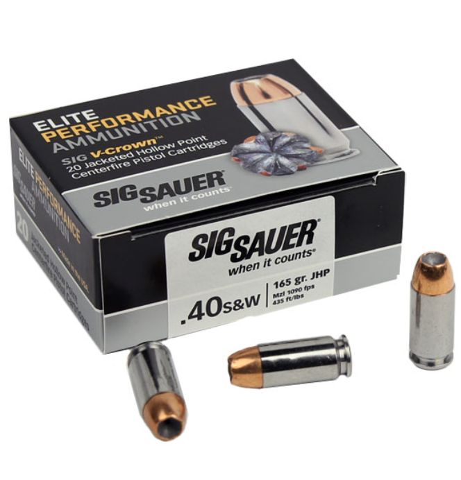 Sig Sauer Elite V-Crown Jacketed Hollow Point 40 S&W Ammo 165 gr 20 Round Box - Brass Casing