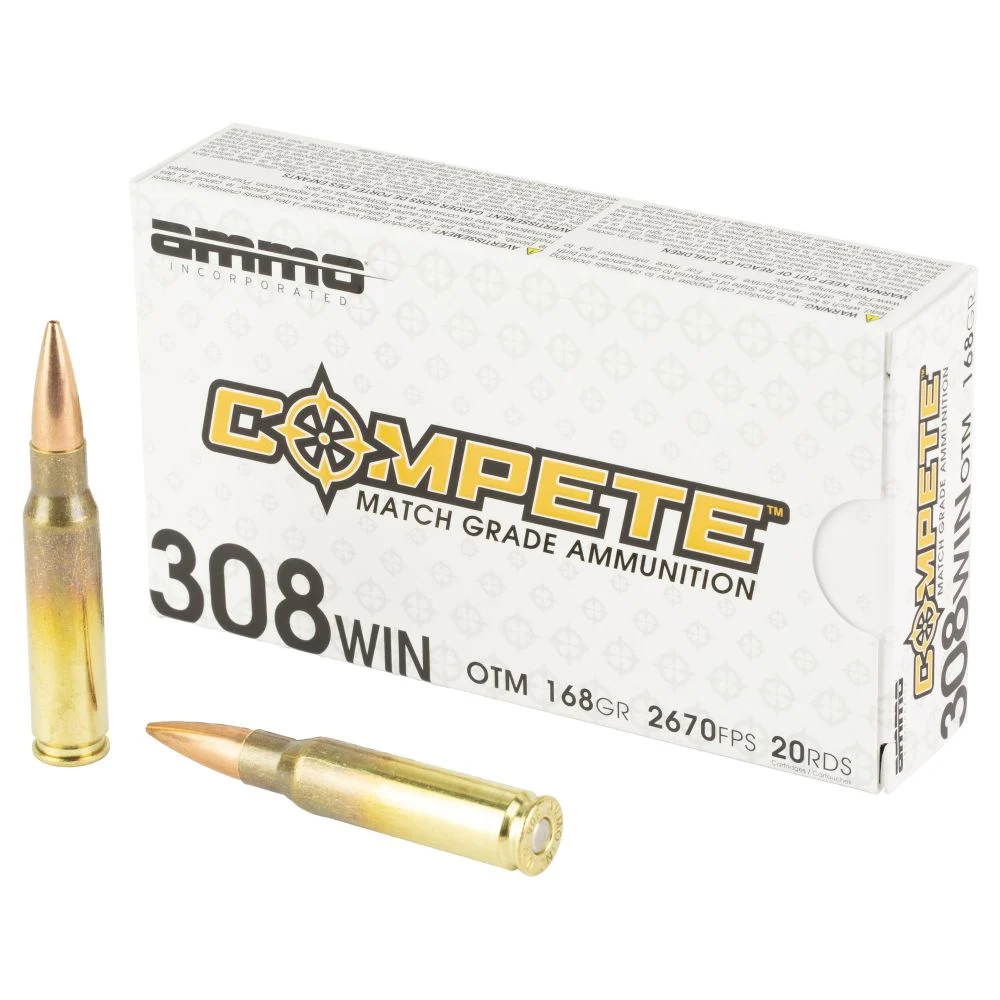 Ammo Inc, Compete, 308 Winchester, 168 Grain, Open Tip Match Bullet, 20 Round Box - Brass Casing