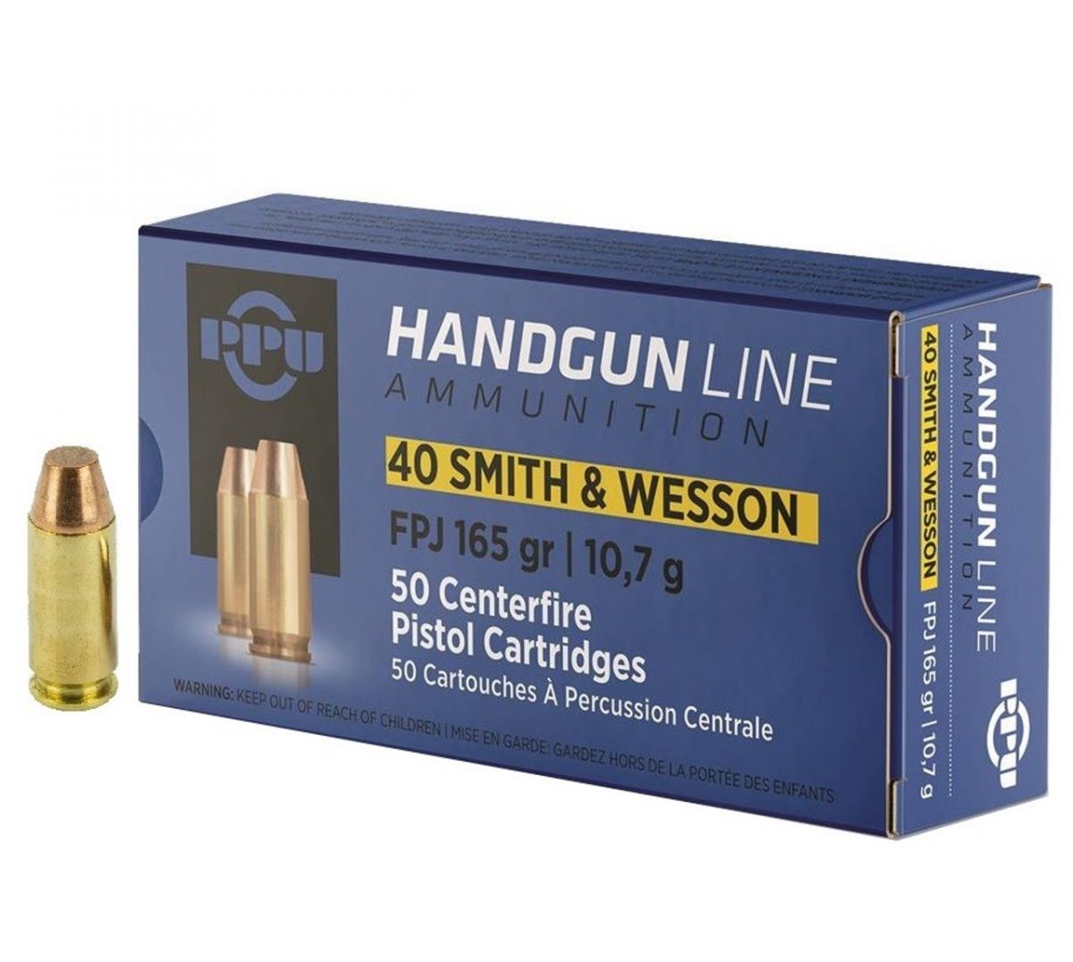 PPU Handgun 40 S&W 165 gr Flat Point Jacketed (FPJ) 50 Bx/ 10 Cs - Brass Casing