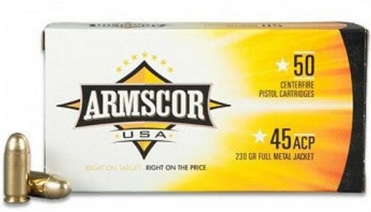 Armscor 45ACP, 230 Grain, Full Metal Jacket, 50/box - Brass Casing