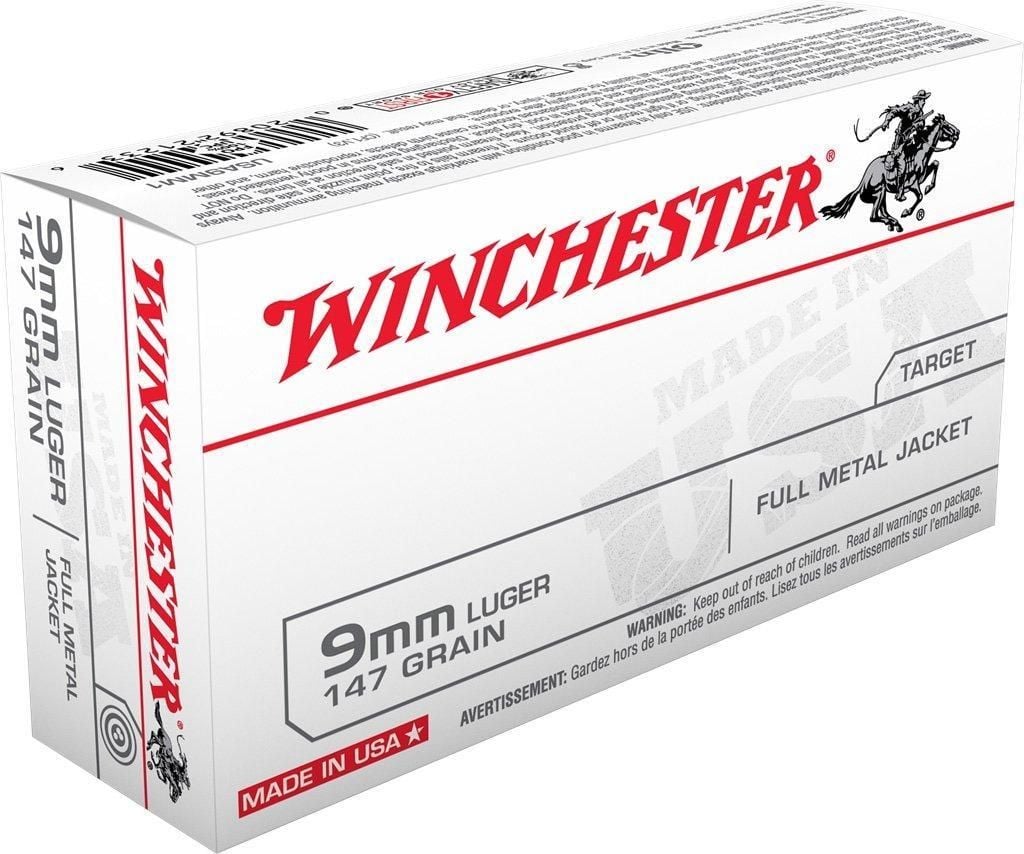 Winchester USA 9mm 147gr Full Metal Jacket Flat Nose Ammo 50rd Box - Brass Casing