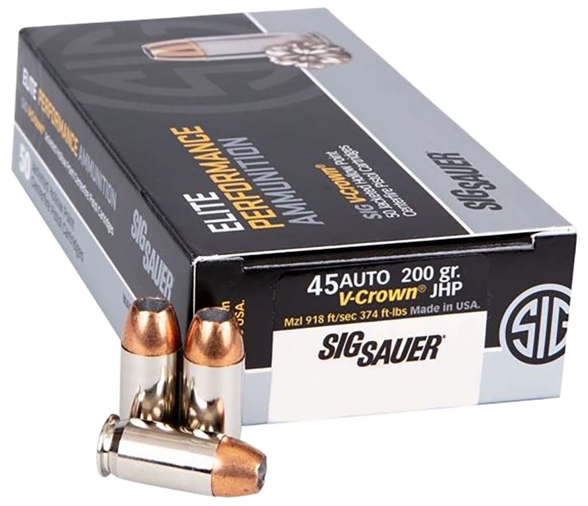 Sig Sauer ammo V-Crown .45 ACP 200gr JHP 50rd box - Brass Casing