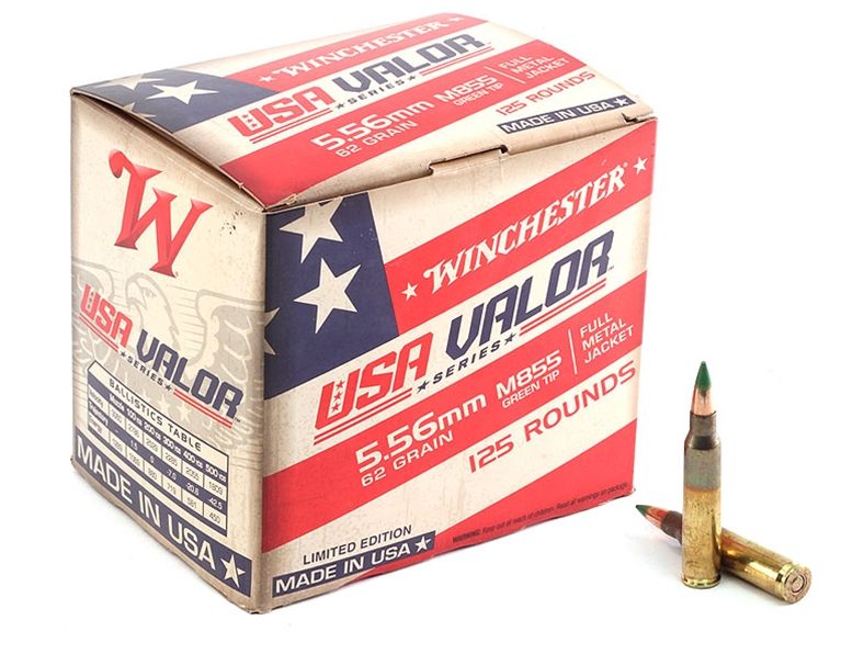 Winchester USA Valor Full Metal Jacket 5.56x45mm NATO Ammo 62 gr 125 Round Box - Brass Casing