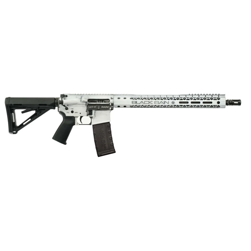 Black Rain Ordnance Spec15 223 Remington/5.56 NATO AR15 Semi Auto Rifle, 16" Barrel, Black and White Battleworn, 30 Rounds - 30+1 Rounds | 16" Barrel | Black Stock | Synthetic | Blue/Black