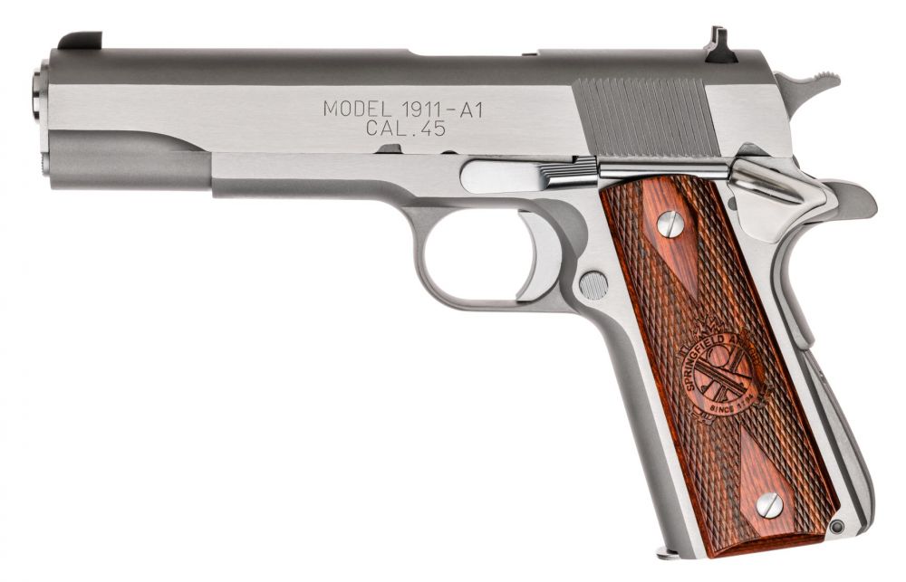 Springfield Armory 1911-A1 Mil-Spec *CA Compliant* .45 ACP Semi Auto Pistol - 7+1 Rounds | 5" Barrel | Wood Grips | Stainless/Silver