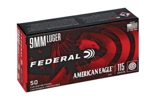 Federal American Eagle Full Metal Jacket 9mm Ammo 115 gr 50 Round Box - Brass Casing