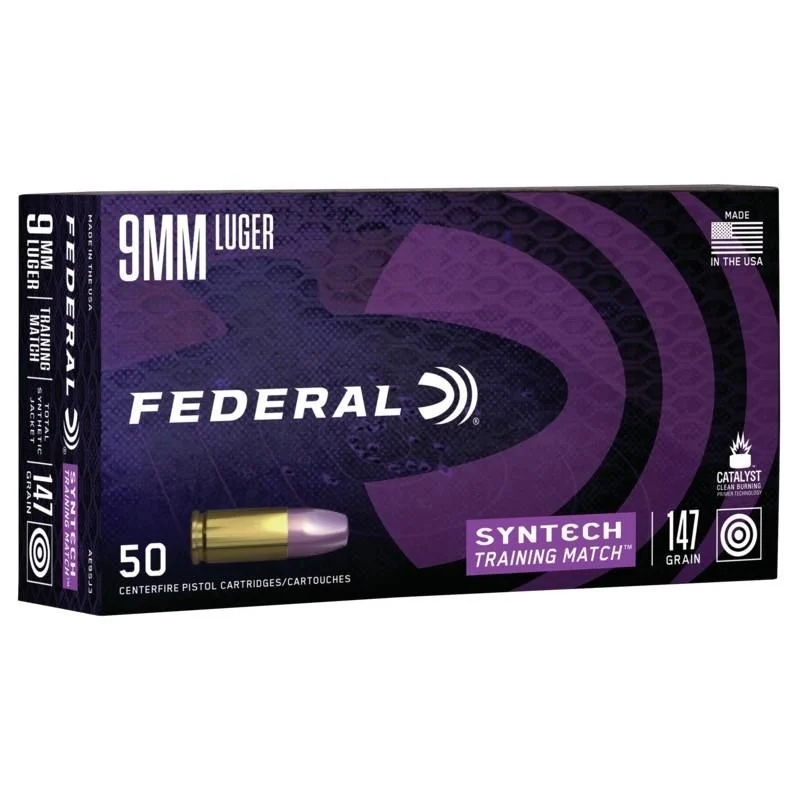 Federal American Eagle Training Match 9mm 147 GR Total Syntech jacket Flat Nose (TSJFN) 50 Bx/ 10 Cs - Brass Casing