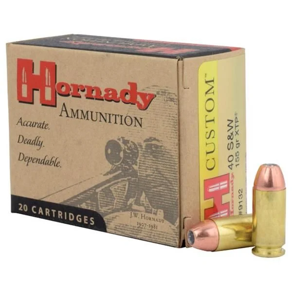 Hornady Custom 40 S&W Ammo 155gr XTP 20 Round Box - Brass Casing
