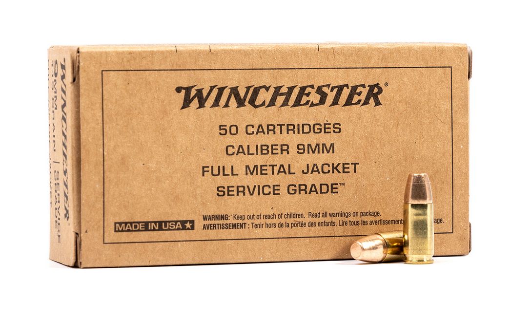 Winchester Service Grade Full Metal Jacket 9mm Ammo 115gr 50 Round Box - Brass Casing