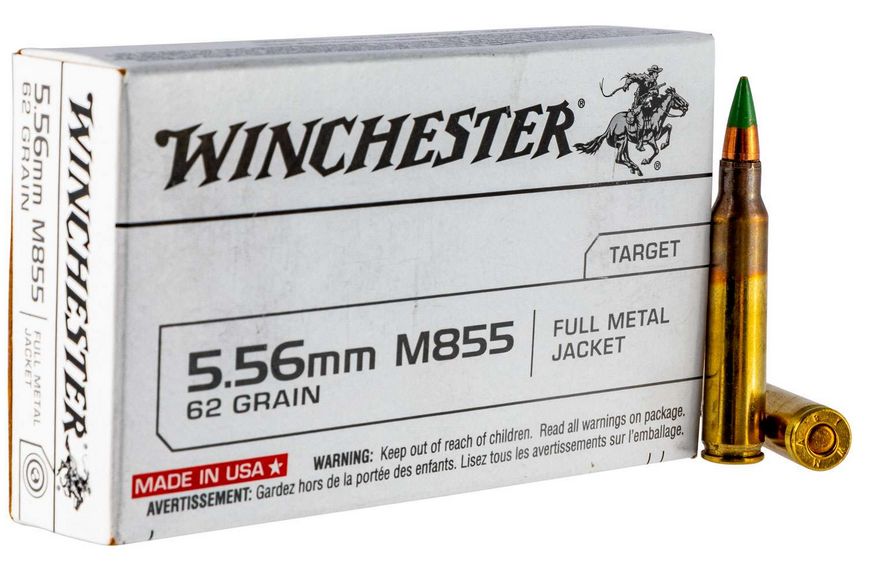 Winchester Green Tip5.56x45mm NATO Ammo 62gr Full Metal Jacket 20 Round Box - Brass Casing