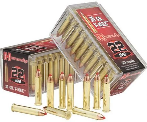 Hornady V-Max 22 Magnum Ammo 30gr50 Round Box - Brass Casing