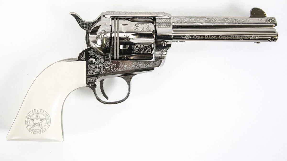 Cimarron Texas Ranger Engraved Frontier 45 Long Colt Revolver - 6 Rounds | 4.75" Barrel | Ivory/Pearl Grips | Nickel
