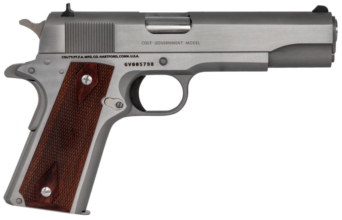 Colt 1911 Government 45 ACP Semi Auto Pistol - 7+1 Rounds | 5" Barrel | Wood Grips | Stainless/Silver | 3-Dot Sights