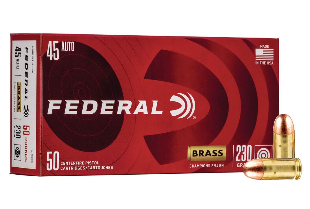 FEDERAL CHAMPION AMMO 45 ACP 230GRFMJ 50RD BOX - Brass Casing