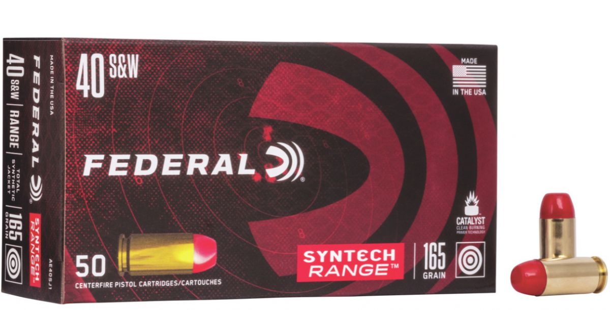 Federal Premium American Eagle Total Syntech Jacket Flat Nose 40 S&W Ammo 165gr 50rd Box - Brass Casing