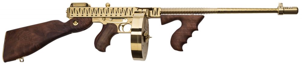 Thompson 1927A-1 Deluxe 45 ACP 16.50" 50+1 & 20+1 Gold w/Tiger Stripe - 50+1 Rounds | 16.5" Barrel
