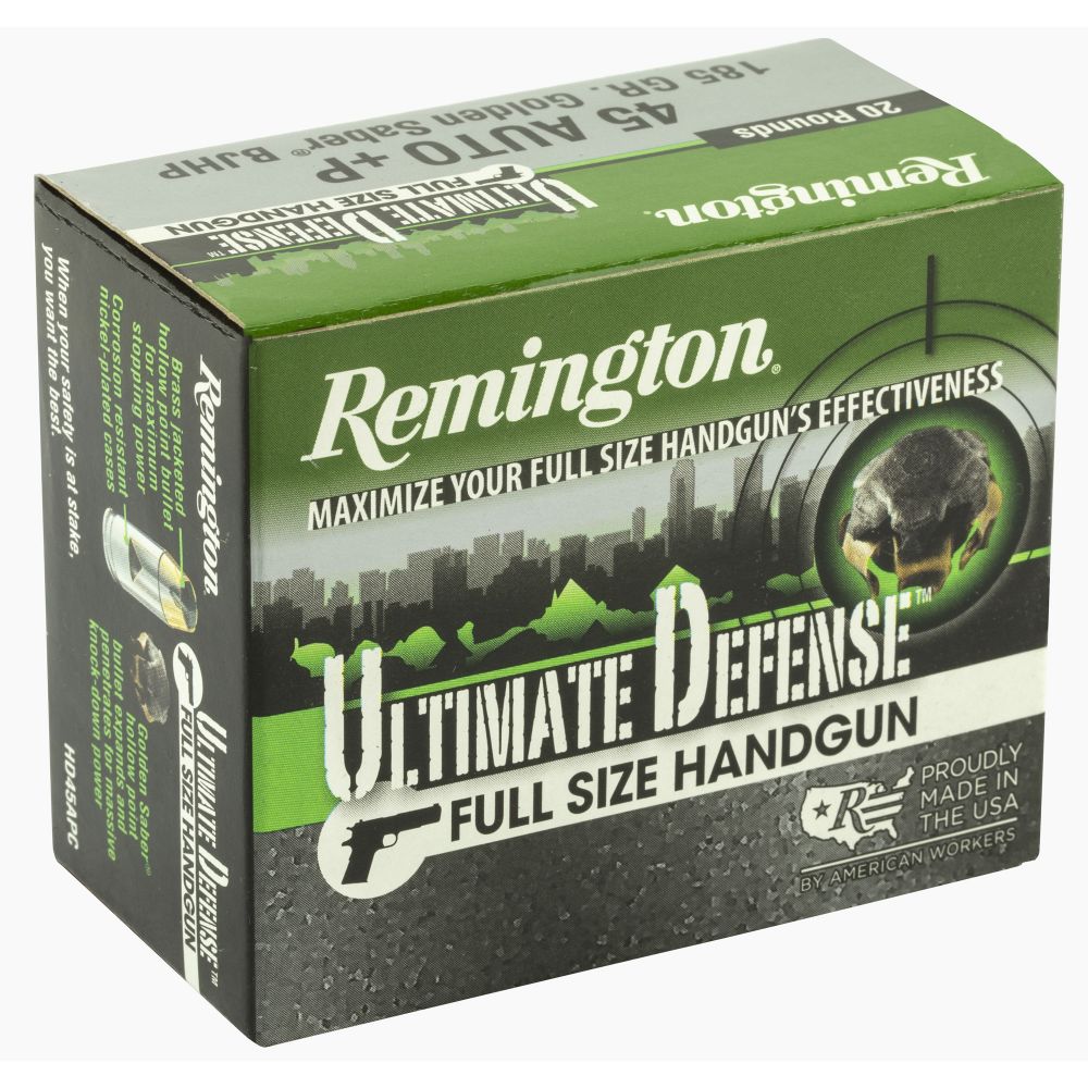 Remington Ammunition 28973 Ultimate Defense 45 ACP +P 185 gr Brass Jacket Hollow Point (BJHP) 20 Bx/ 25 Cs - Nickel Plated Brass Casing