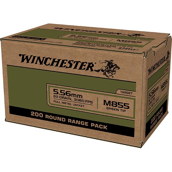 Winchester Green Tip Full Metal Jacket 5.56x45mm NATO Ammo 62 gr 200 Round Box - Brass Casing