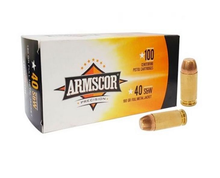 Armscor Full Metal Jacket 40 S&W Ammo 100 Round Box - Brass Casing