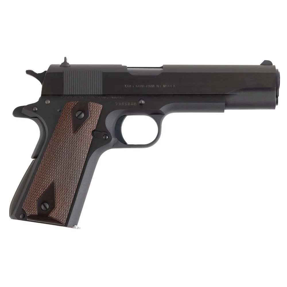 Colt Mfg 1911 Government Series 70 .45 ACP Semi Auto Pistol - 7+1 Rounds | 5" Barrel | Wood Grips | Blue/Black | 3-Dot Sights