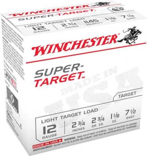 WinchesterSuper Target Light Target Load 12 Gauge Ammo 2.75" 1 1/8 oz#7.5 Shot 1145 fps 25 round box - Brass Casing