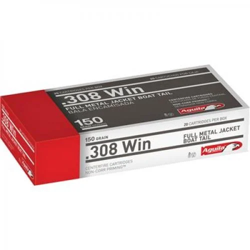 Aguila Target & Range Full Metal Jacket Boat Tail 308 Winchester Ammo 20 Round Box - Brass Casing
