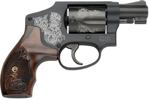 Smith & Wesson Model 442 Engraved 38 Special Revolver - 5 Rounds | 1.87" Barrel | Wood Grips | Blue/Black | 3-Dot Sights