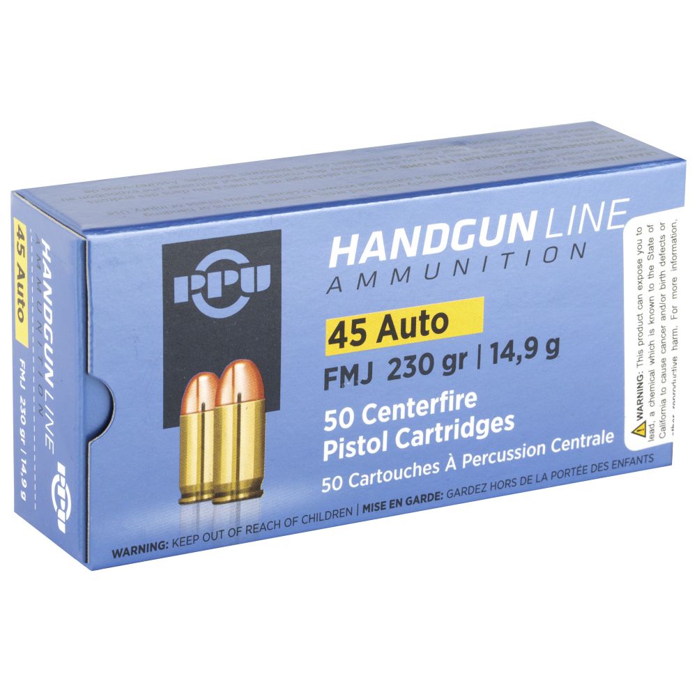 PPU Handgun 45 ACP 230 gr Full Metal Jacket (FMJ) 50 Bx/ 10 Cs - Brass Casing