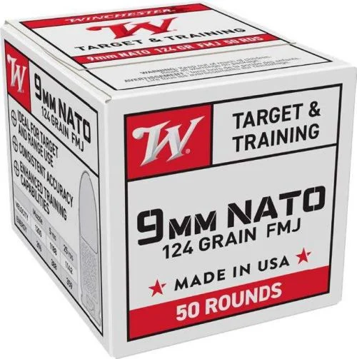 Winchester USA9MM Ammo124GR FMJ 50 Round Box - Brass Casing