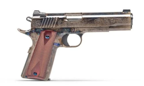 Standard Manufacturing 1911 Case Color Engraved 45 ACP Pistol - 7 Rounds | 5" Barrel | Wood Grips | Case Hardened | 3-Dot Sights