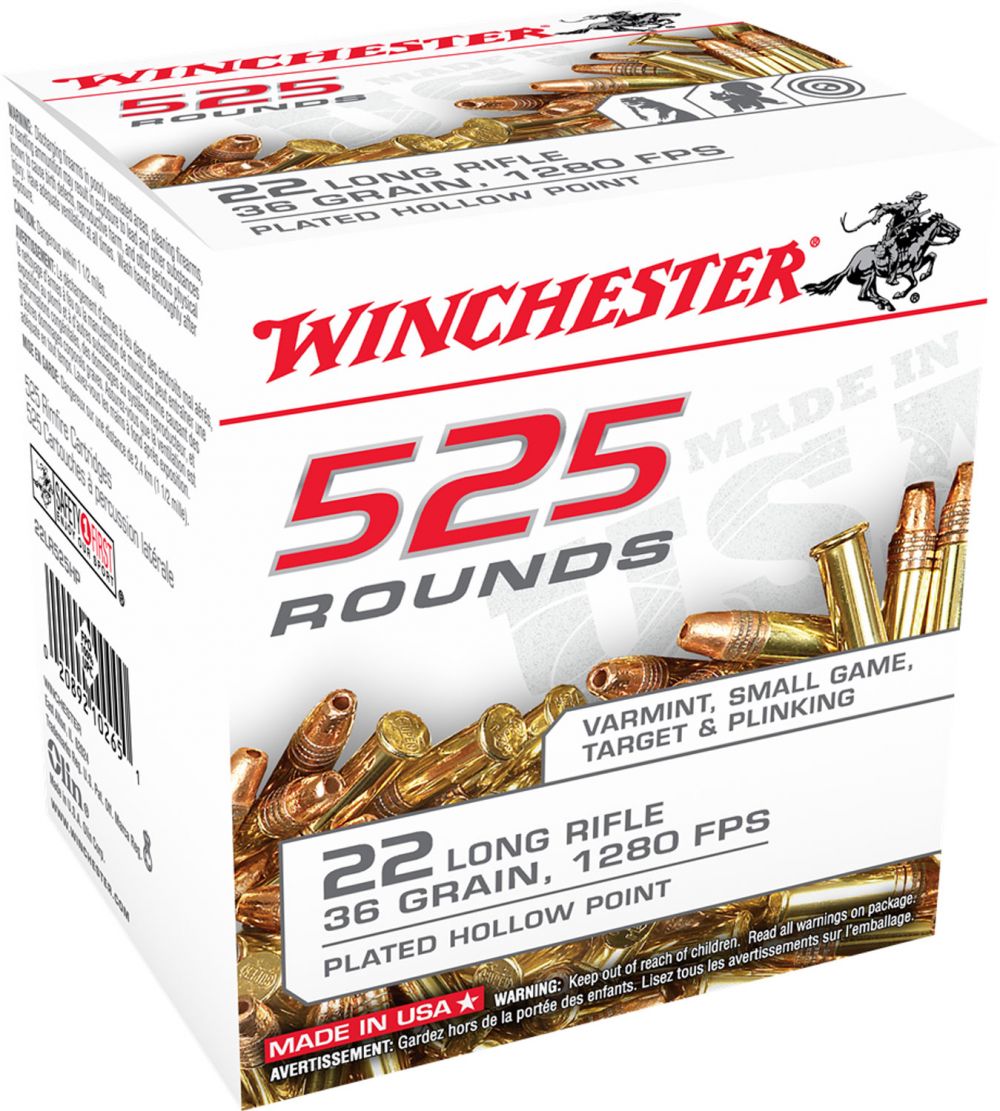 Winchester Ammo USA 22 LR 36 gr Copper Plated Hollow Point (CPHP) 525 Bx/10 Cs (Bulk) - Brass Casing