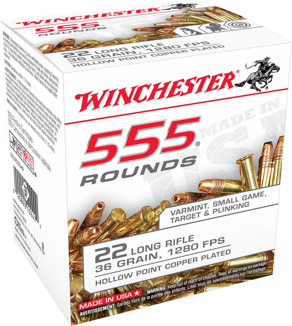 Winchester USA 22 LR Ammo 36 gr Copper Plated Hollow Point555 Round box - Brass Casing