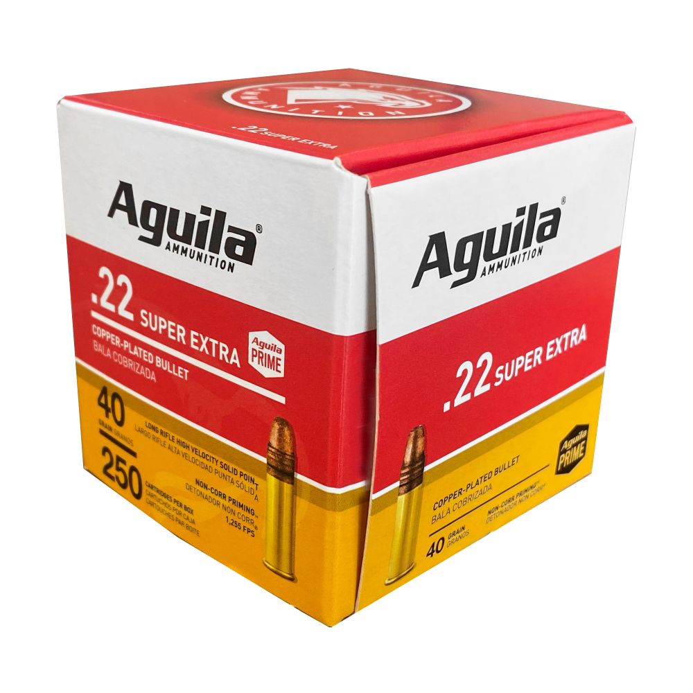 Aguila Super Extra High Velocity 22 LR 250ct Box, 40gr Copper-Plated Solid Point - Brass Casing