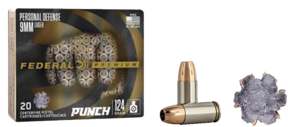 Federal Premium Personal Defense Punch Ammo 9mm124gr Jacketed Hollow Point20 Round Box - Brass Casing