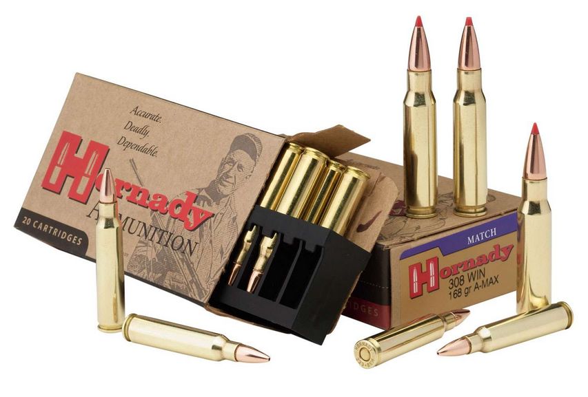 Hornady Custom Boat Tail Hollow Point 308 Winchester Ammo 20 Round Box - Brass Casing