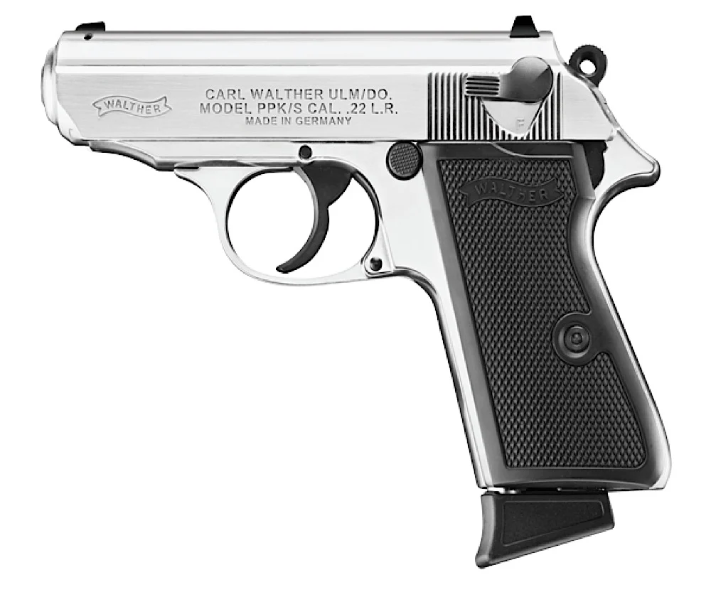 Walther Arms PPK/S .22 LR, 3.35" Nickel Threaded Barrel, Black Grips, 10 Rounds - 10+1 Rounds | 3.35" Barrel | Polymer Grips | Nickel | 3-Dot Sights