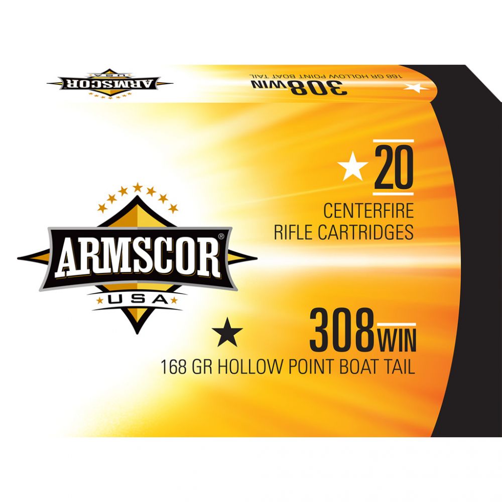Armscor USA Boat Tail Hollow Point 308 Winchester Ammo 20 Round Box - Brass Casing
