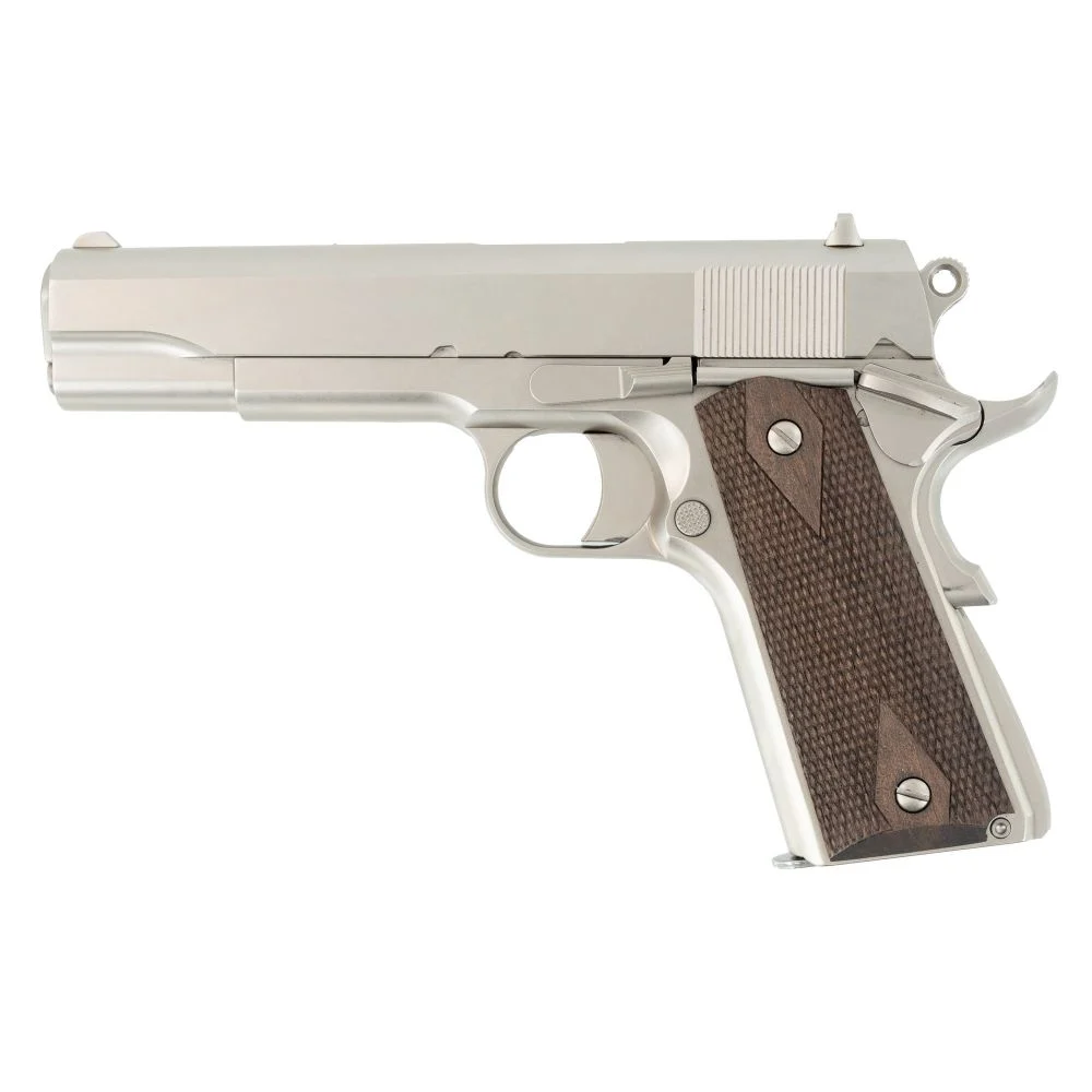 Tisas 1911A1 Stakeout 38 Super Semi Auto Pistol w/ 9mm Barrel - 9+1 Rounds | 5" Barrel | Wood Grips | Nickel