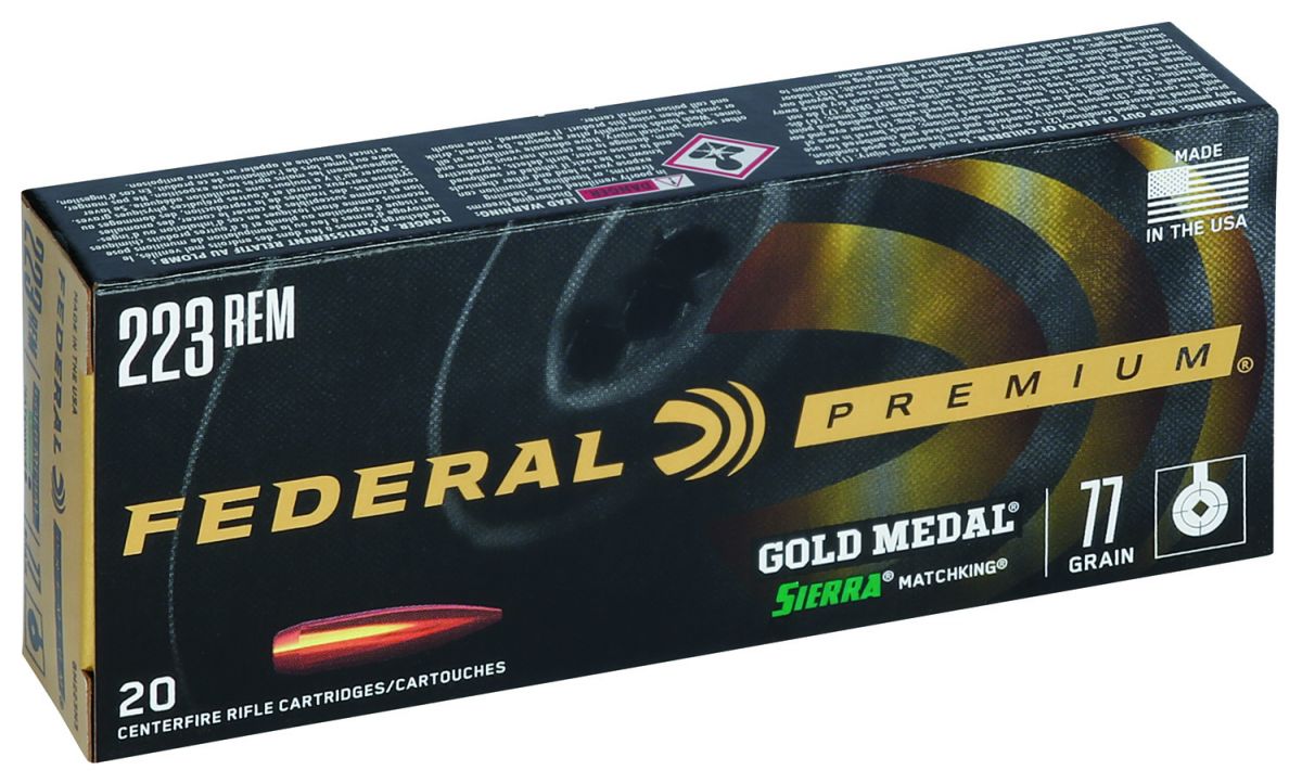 Federal Premium Gold Medal Sierra MatchKing Boat Tail Hollow Point 223 Remington Ammo 77 gr 20 Round Box - Brass Casing