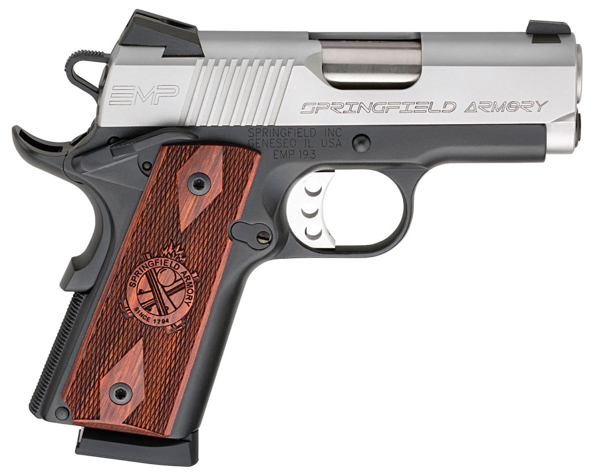 Springfield Armory 1911 EMP 9mm 3" Two-Tone Finish, Cocobolo Grips, 9+1 *CA Compliant* - 9+1 Rounds | 3" Barrel | Wood Grips | Stainless/Silver | Night Sights