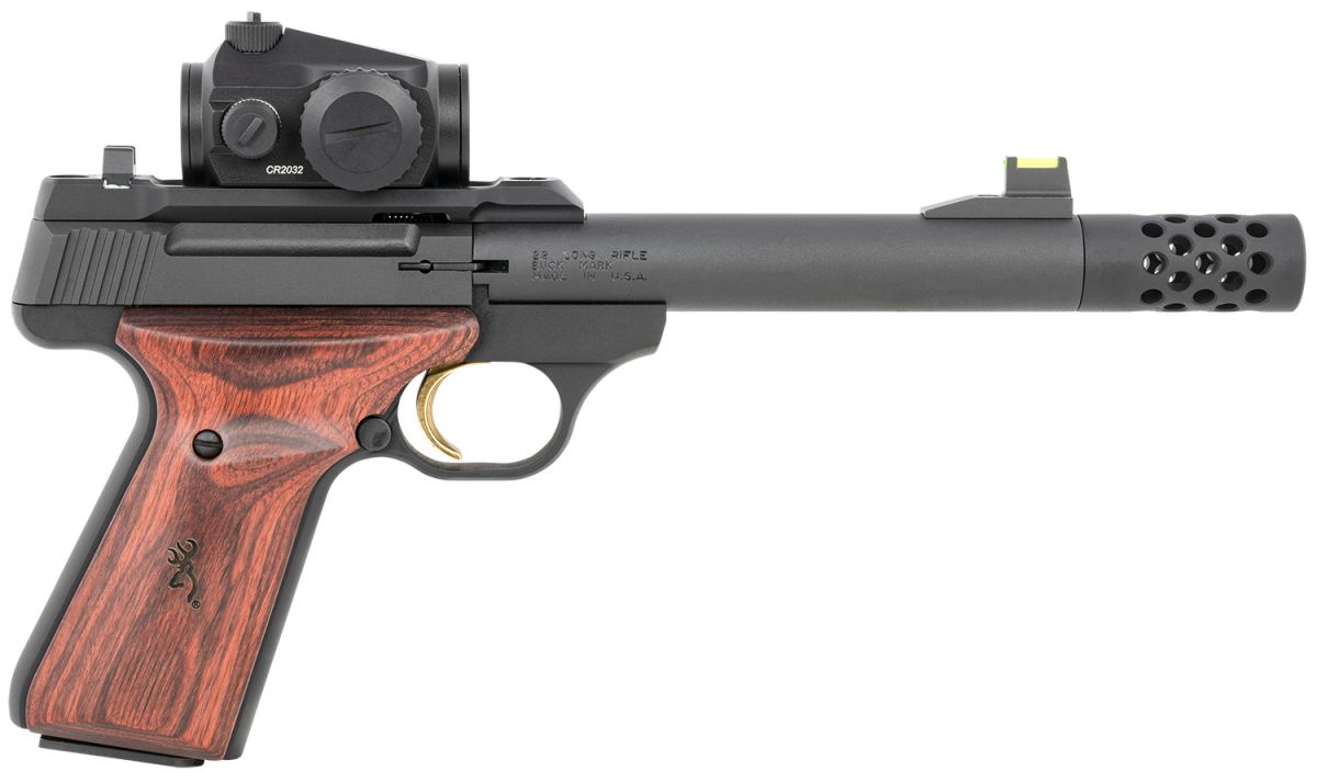 Browning Buck Mark Hunter 22LR Semi Auto Pistol w/Vortex Crossfire Red Dot - 10+1 Rounds | 5.9" Barrel | Wood Grips | Blue/Black