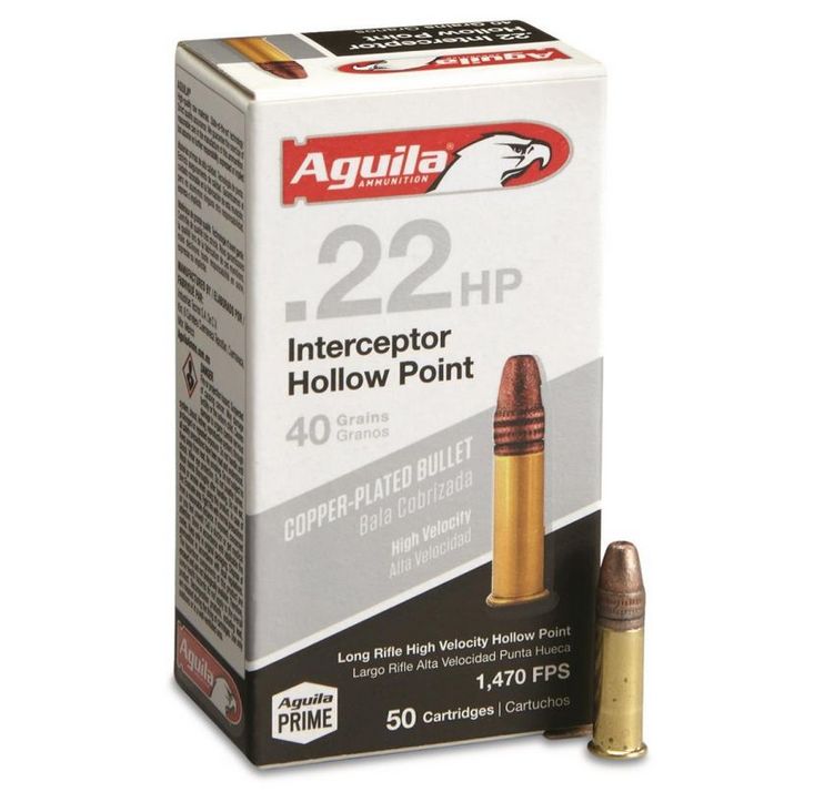 Aguila Interceptor Hollow Point 22 Long Rifle Ammo 50 Round Box - Brass Casing