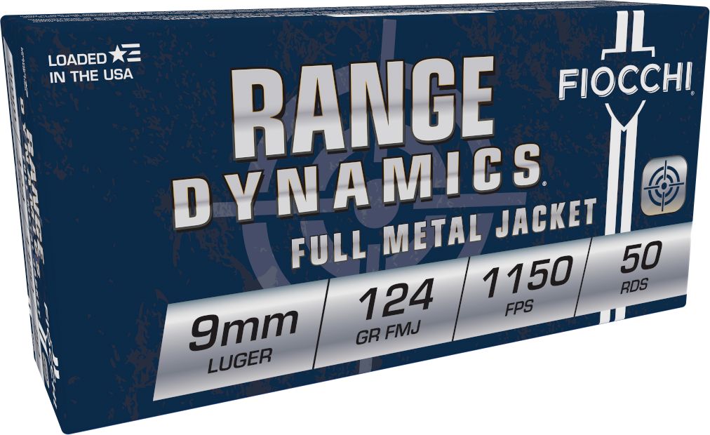 Fiocchi Range Dynamics Ammo 9mm 124gr Full Metal Jacket 50 Round Box - Brass Casing