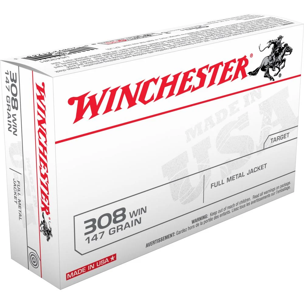 Winchester USA 308 WinAmmo 147gr Full Metal Jacket20 Round Box - Brass Casing