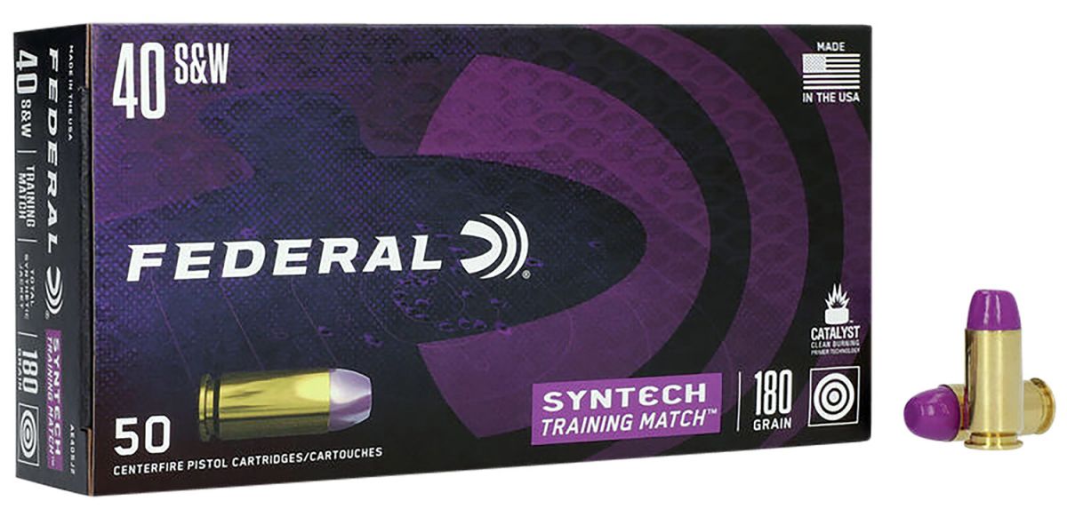 Federal AE40SJ2 Syntech Training Match 40 S&W 180 GR Total Syntech jacket Flat Nose (TSJFN) 50 Bx/ Cs - Brass Casing
