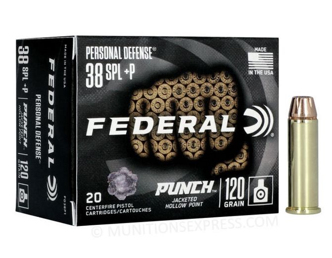 Federal Personal Defense Punch Ammo Jacketed Hollow Point 38 Special +P 120gr20 Round Box - Brass Casing